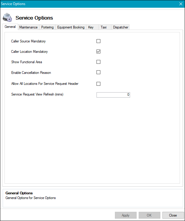 Service Options General tab