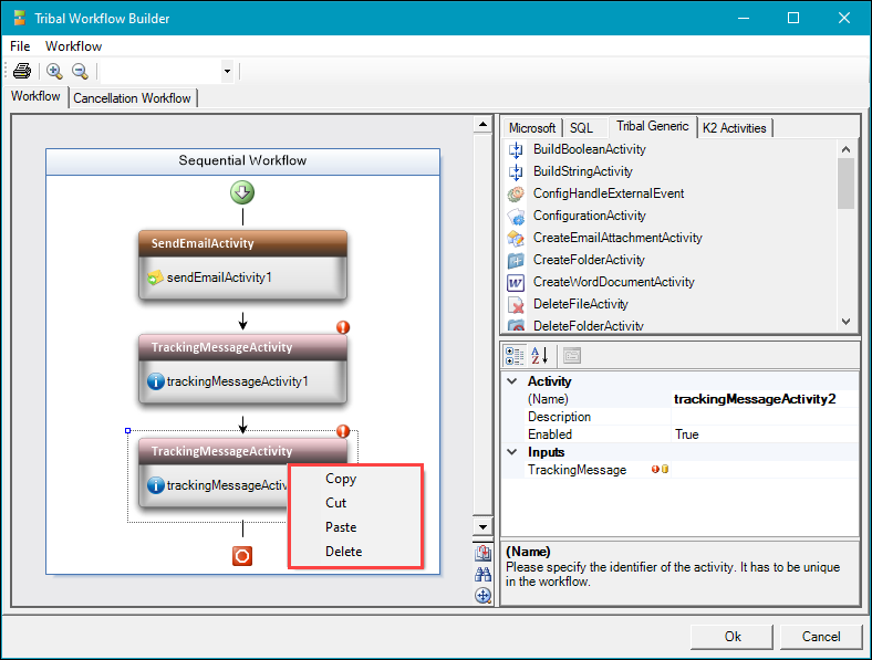 Drop-down list displaying copy, cut, paste and delete options