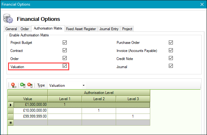 Valuation check box