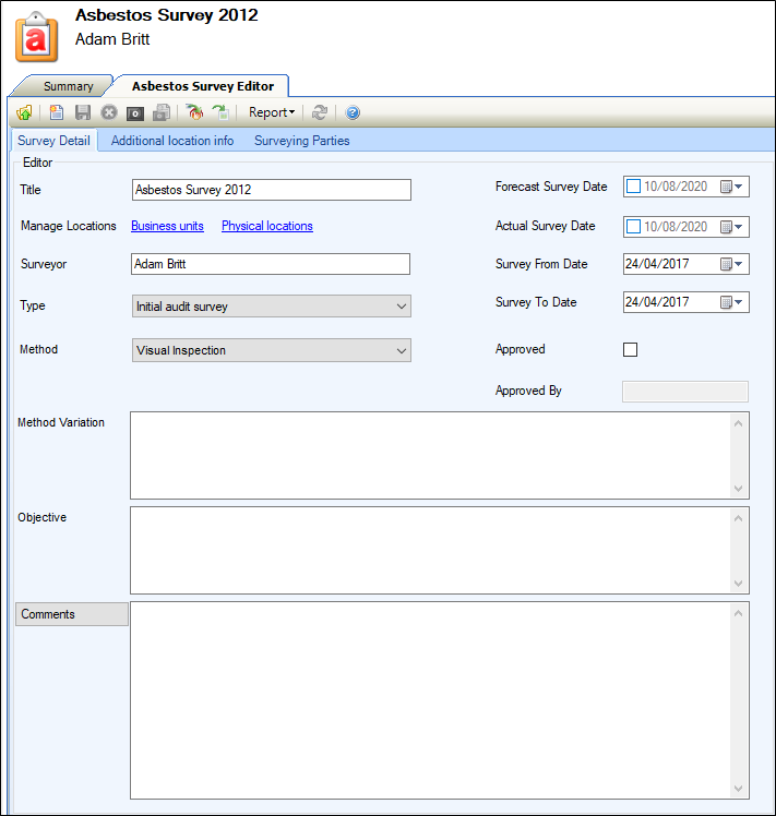 Asbestos Survey Editor tab