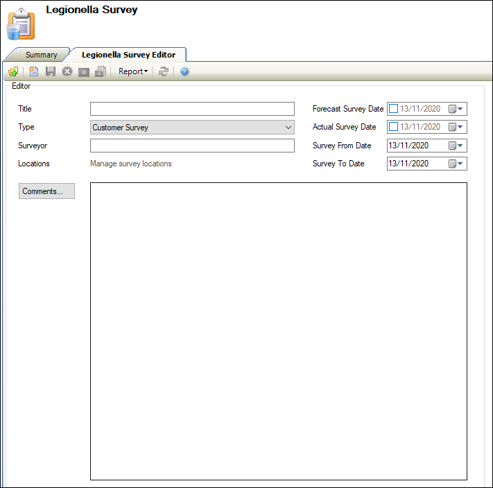 Legionella Survey Editor tab