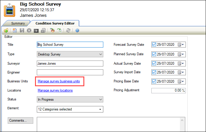 Manage survey business units link