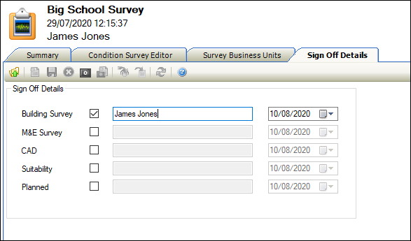 Sign Off Details screen