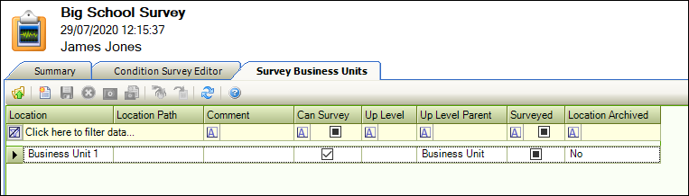 Survey Business Units screen