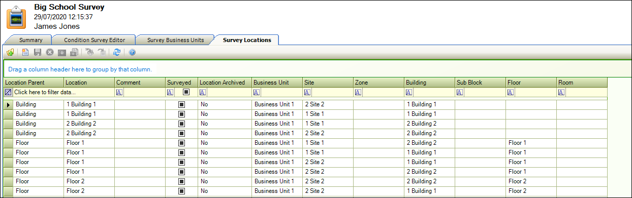 Survey Locations screen