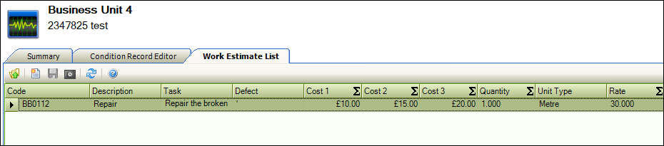 Work Estimate screen