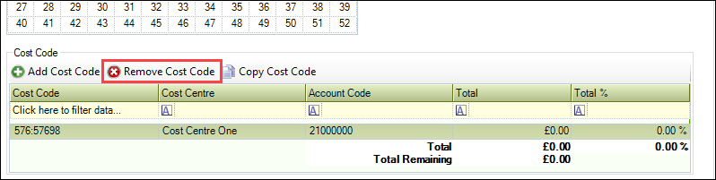 Remove Cost Code button