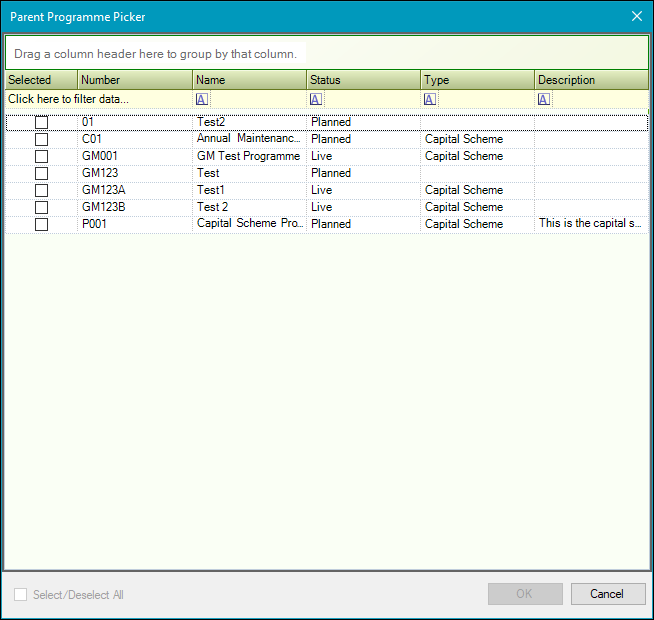 Parent Programme Picker window