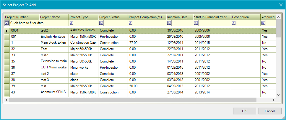 Select Project To Add window