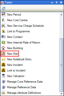 New Site option in the Tasks panel
