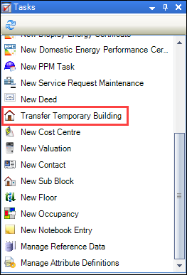 Transfer Temporary Building option in the Tasks panel