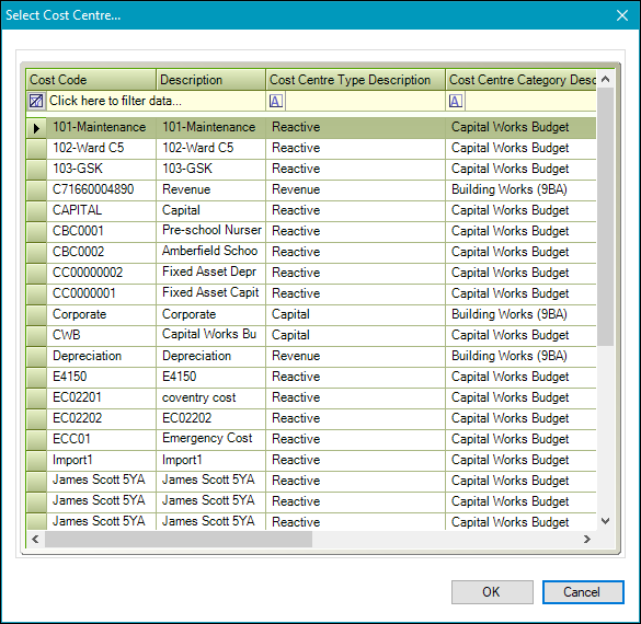 Select Cost Centre window