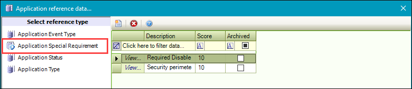 Application Special Requirement reference data