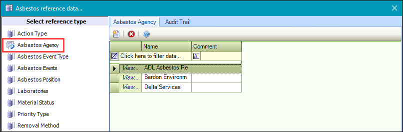 Asbestos Agency reference data