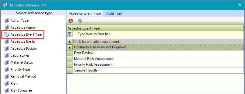 Asbestos Event Type reference data