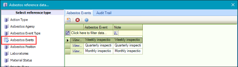 Asbestos Events reference data