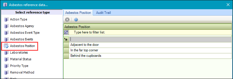 Asbestos Position reference data