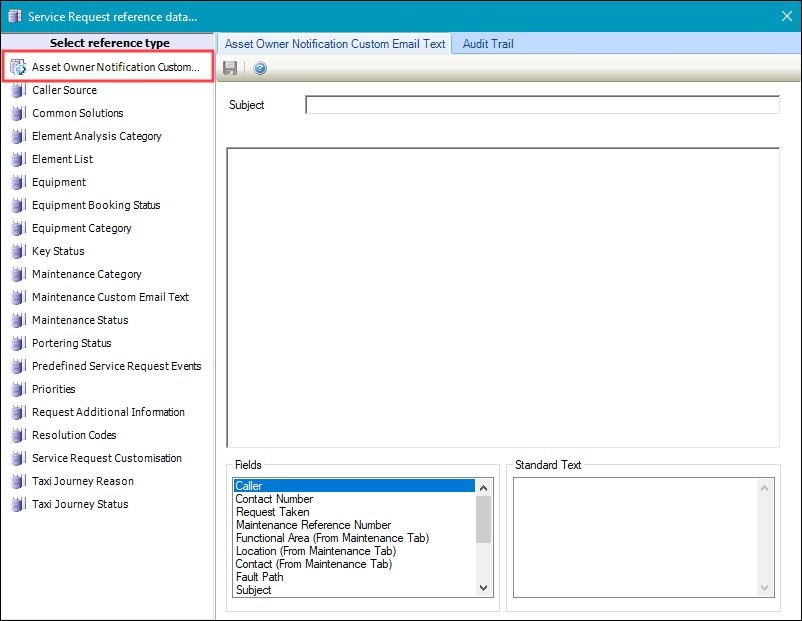 Asset Owner Notification Custom Email Text reference data