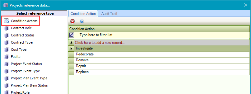 Condition Actions reference data