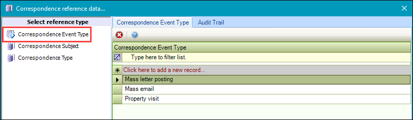 Correspondence Event Type reference data