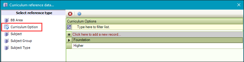 Curriculum Option reference data