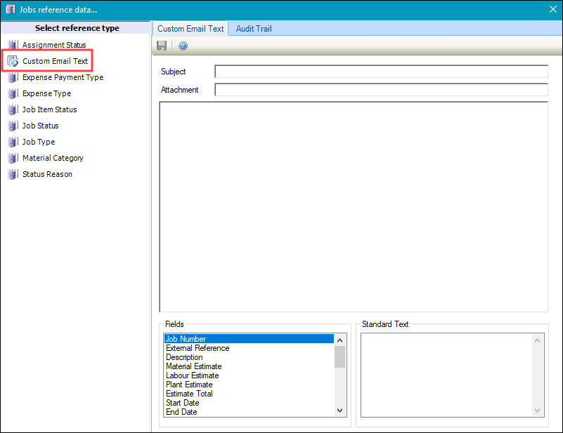 Custom Email Text reference data