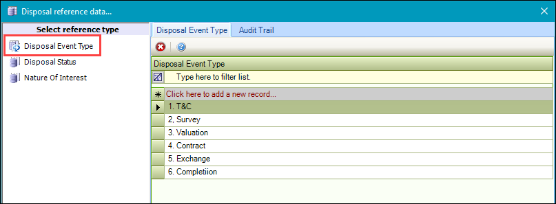 Disposal Event Type reference data