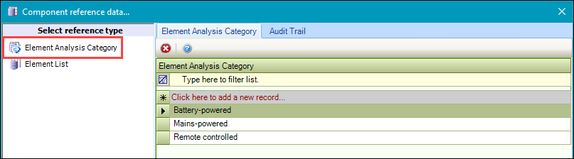 Element Analysis Category reference data