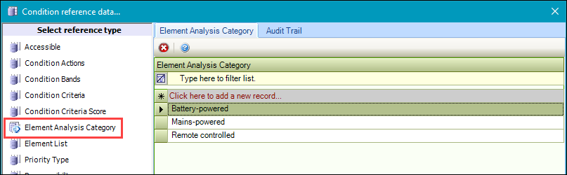 Element Analysis Category reference data