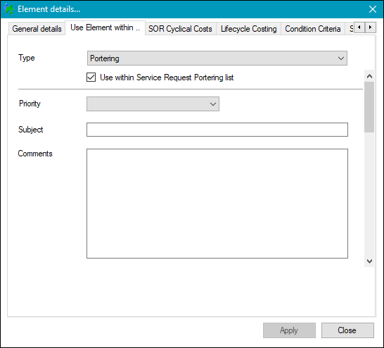 General Details Use Element within tab Portering type