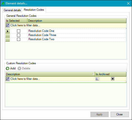 Element Details Resolution Codes tab