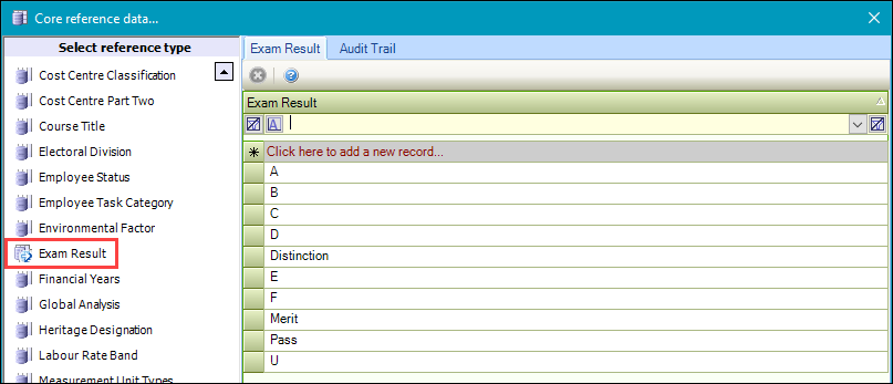 Exam Result reference data