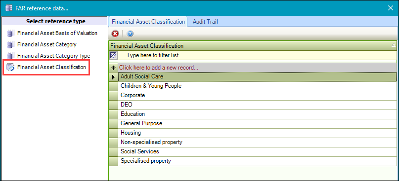 Financial Asset Classification reference data