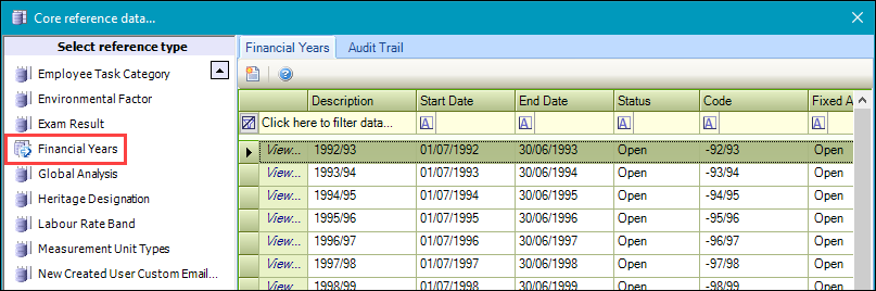 Financial Years reference data