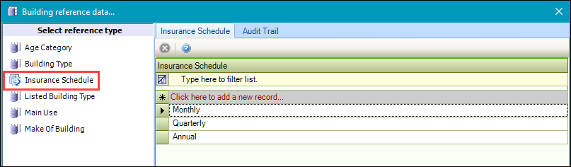 Insurance Schedule reference data