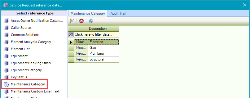 Maintenance Category reference data