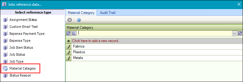 Material Category reference data