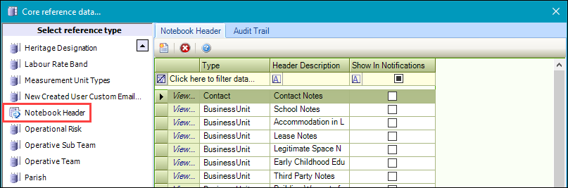 Notebook Header reference data