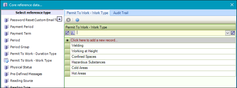 Permit To Work - Work Type reference data