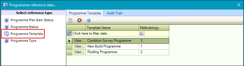 Programme Template reference data