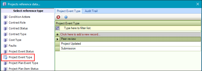 Project Event Type reference data