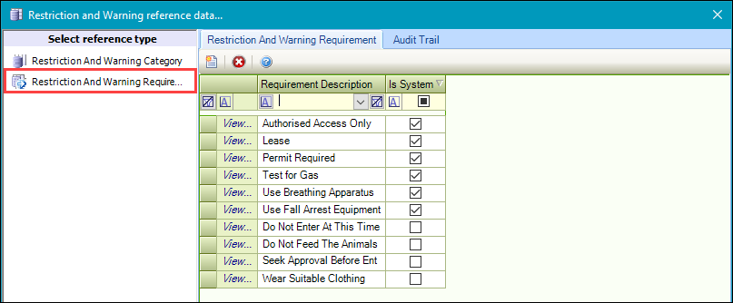 Restriction and Warning Requirement reference data