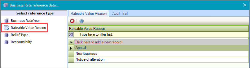 Rateable Value Reason reference data