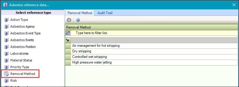 Removal Method reference data