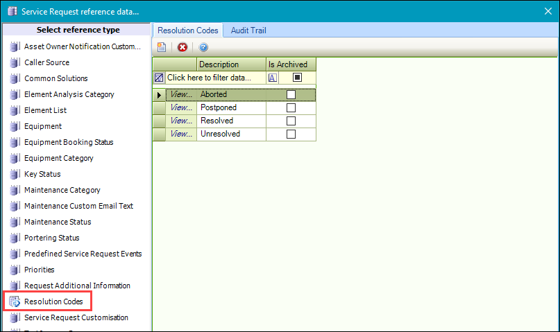 Resolution Codes reference data