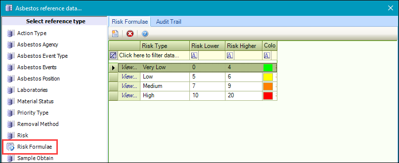 Risk Formulae reference data