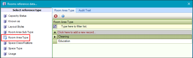 Room Area Type reference data