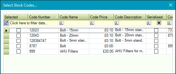 Select Stock Codes window