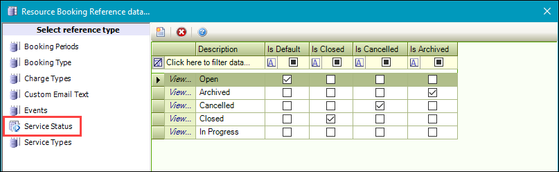 Service Status reference data