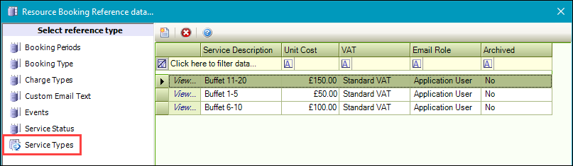 Service Types reference data